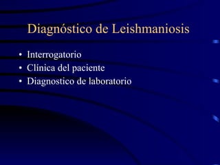 Diagnóstico de Leishmaniosis  Interrogatorio Clínica del paciente Diagnostico de laboratorio 