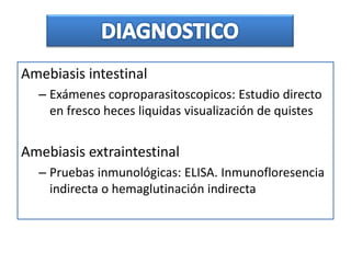 Amebiasis intestinal
– Exámenes coproparasitoscopicos: Estudio directo
en fresco heces liquidas visualización de quistes
Amebiasis extraintestinal
– Pruebas inmunológicas: ELISA. Inmunofloresencia
indirecta o hemaglutinación indirecta
 