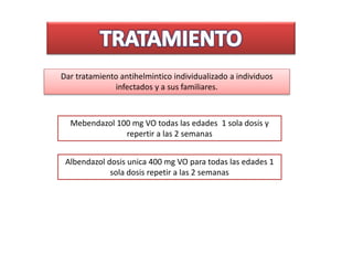 Dar tratamiento antihelmintico individualizado a individuos
infectados y a sus familiares.
Mebendazol 100 mg VO todas las edades 1 sola dosis y
repertir a las 2 semanas
Albendazol dosis unica 400 mg VO para todas las edades 1
sola dosis repetir a las 2 semanas
 