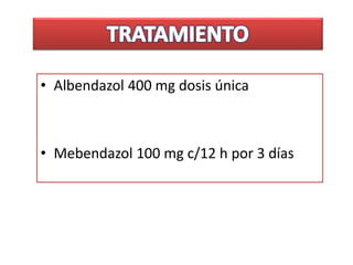 • Albendazol 400 mg dosis única
• Mebendazol 100 mg c/12 h por 3 días
 