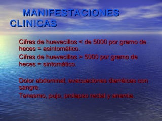 MANIFESTACIONES
CLINICAS
 Cifras de huevecillos < de 5000 por gramo de
 heces = asintomático.
 Cifras de huevecillos > 5000 por gramo de
 heces = sintomático.

 Dolor abdominal, evacuaciones diarréicas con
 sangre.
 Tenesmo, pujo, prolapso rectal y anemia.
 