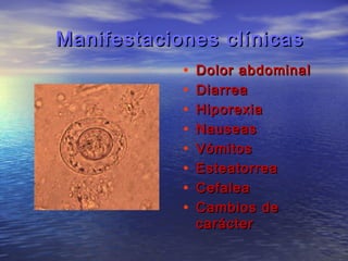 Manifestaciones clínicas
            •   Dolor abdominal
            •   Diarrea
            •   Hiporexia
            •   Nauseas
            •   Vómitos
            •   Esteatorrea
            •   Cefalea
            •   Cambios de
                carácter
 