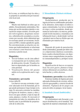 Parasitosis intestinales

de la zona, se establecen bajo las uñas y
se perpetúa la autoinfección por transmisión fecal-oral.
Clínica
Mucho más habitual en niños que en
adultos, frecuentemente asintomática. Síntomas por acción mecánica (prurito o sensación de cuerpo extraño), invasión genital (vulvovaginitis), despertares nocturnos, sobreinfección secundaria a excoriaciones por rascado, dolor abdominal que
en ocasiones puede ser recurrente, localizarse en FID y simular apendicitis aguda.
No está demostrada su relación con síntomas que tradicionalmente se relacionan
con oxiuriasis como bruxismo, enuresis
nocturna o prurito nasal.
Diagnóstico
• Test de Graham: uso de cinta adhesiva transparente por la mañana antes
de defecación o lavado. Visualiza los
huevos depositados por la hembra en
zona perianal.
• Visualización directa del gusano
adulto en la exploración anal o vaginal.
Tratamiento y prevención
(véase tabla II)
Los huevos son muy resistentes si persiste adecuado nivel de humedad, por lo
que puede permanecer largo tiempo en la
ropa. Es necesario extremar las medidas
de higiene de inodoros, manos y uñas y
lavar con agua caliente y lejía la ropa de
cama, pijamas y toallas. Es necesario el
tratamiento de todos los miembros de la
familia ante la posibilidad de perpetuación de la infección.

83

5. Tricocefalosis (Trichuris trichiura)
Etiopatogenia
Geohelmintiasis producida por la
ingesta de huevos embrionados procedente de alimentos, tierra (típico en niños) o
aguas contaminadas. Las larvas maduran
en ciego y colon ascendente, donde permanecen enclavados a la mucosa, produciendo lesión mecánica y traumática con
inflamación local, y desde donde vuelvan
a producir nuevos huevos fértiles que son
eliminados por materia fecal.
Clínica
Depende del grado de parasitación:
desde asintomática, pasando por dolor cólico y deposiciones diarreicas ocasionales,
hasta cuadros disenteriformes con deposiciones muco-sanguinolentas (en pacientes inmunodeprimidos) y prolapso rectal.
Diagnóstico
Identificación de huevos en materia
fecal. En casos graves, plantear el diagnóstico diferencial con amebiasis, disentería bacilar y colitis ulcerosa.
Tratamiento y prevención (véase tabla II)
Extremar medidas de higiene personal,
adecuada eliminación de excretas, utilización de agua potable y correcto lavado de
alimentos. Vigilancia de los juegos con
arena de niños en parques, lavar manos.
6. Ascariosis (Ascaris lumbricoides)
Etiopatogenia
Es la helmintiasis más frecuente y con
mayor distribución a nivel mundial. Tras
ingestión de material contaminado, las lar-

 