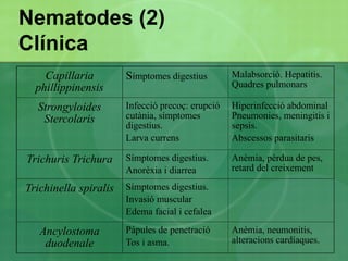 Forma crònica: diarrea crònica, esteatorrea, distensió,... Criptosporidium spp, Isospora belli, Cyclospora cayetanensis: En immunodeprimits: diarrees greus i disseminació a altres òrgans   Balantidium coli:  de manera habitual asimptomàtica però que pot produir dolor abdominal i diarrea crònica.   