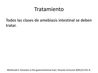 Tratamiento
Todos las clases de amebiasis intestinal se deben
tratar.
McDonald V. Parasites in the gastrointestinal tract. Parasite Immunol 2003;25:231-4.
 
