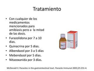 Tratamiento
• Con cualquier de los
medicamentos
mencionados para
amibiasis pero a la mitad
de las dosis.
• Furazolidona por 7 a 10
dias.
• Quinacrina por 5 dias.
• Albendazol por 3 a 5 días
• Mebendazol por 5 días.
• Nitazoxanida por 3 días.
McDonald V. Parasites in the gastrointestinal tract. Parasite Immunol 2003;25:231-4.
 