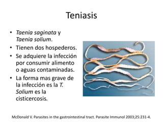 Teniasis
• Taenia saginata y
Taenia solium.
• Tienen dos hospederos.
• Se adquiere la infección
por consumir alimento
o aguas contaminadas.
• La forma mas grave de
la infección es la T.
Solium es la
cisticercosis.
McDonald V. Parasites in the gastrointestinal tract. Parasite Immunol 2003;25:231-4.
 