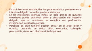 • En las infecciones establecidas los gusanos adultos presentes en el
intestino delgado no suelen producir síntomas.
• En las infecciones intensas (niños) un bolo grande de gusanos
enredados puede ocasionar dolor y obstrucción del intestino
delgado, que en ocasiones se complica con perforación,
invaginación intestinal o vólvulo.
• Parásitos de gran tamaño pueden entrar en el árbol biliar y
ocluirlo, causando un cólico biliar, colecistitis, colangitis,
pancreatitis y (rara vez) abscesos intrahepáticos.
 