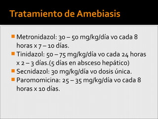  Metronidazol: 30 – 50 mg/kg/día vo cada 8
horas x 7 – 10 días.
 Tinidazol: 50 – 75 mg/kg/día vo cada 24 horas
x 2 – 3 días.(5 días en absceso hepático)
 Secnidazol: 30 mg/kg/día vo dosis única.
 Paromomicina: 25 – 35 mg/kg/día vo cada 8
horas x 10 días.
 