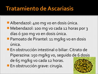 Albendazol: 400 mg vo en dosis única.
 Mebendazol: 100 mg vo cada 12 horas por 3
días ó 500 mg vo en dosis única.
 Pamoato de Pirantel: 11 mg/kg vo en dosis
única.
 En obstrucción intestinal o biliar: Citrato de
Piperazina: 150 mg/kg vo, seguido de 6 dosis
de 65 mg/kg vo cada 12 horas.
 En obstrucción grave: cirugía.
 