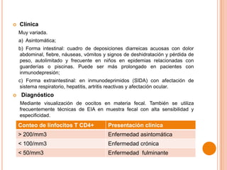 

Clínica
Muy variada.
a) Asintomática;
b) Forma intestinal: cuadro de deposiciones diarreicas acuosas con dolor
abdominal, fiebre, náuseas, vómitos y signos de deshidratación y pérdida de
peso, autolimitado y frecuente en niños en epidemias relacionadas con
guarderías o piscinas. Puede ser más prolongado en pacientes con
inmunodepresión;
c) Forma extraintestinal: en inmunodeprimidos (SIDA) con afectación de
sistema respiratorio, hepatitis, artritis reactivas y afectación ocular.



Diagnóstico
Mediante visualización de oocitos en materia fecal. También se utiliza
frecuentemente técnicas de EIA en muestra fecal con alta sensibilidad y
especificidad.

Conteo de linfocitos T CD4+

Presentación clínica

> 200/mm3

Enfermedad asintomática

< 100/mm3

Enfermedad crónica

< 50/mm3

Enfermedad fulminante

 