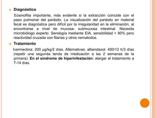 

Diagnóstico
Eosinofilia importante, más evidente si la extracción coincide con el
paso pulmonar del parásito. La visualización del parásito en material
fecal es diagnóstica pero difícil por la irregularidad en la eliminación, al
encontrarse a nivel de mucosa- submucosa intestinal. Necesita
microbiólogo experto. Serología mediante EIA, sensibilidad > 90% pero
reactividad cruzada con filarias y otros nematodos.



Tratamiento
Ivermectina: 200 μg/kg/2 días. Alternativas: albendazol: 400/12 h/3 días
(repetir una segunda tanda de medicación a las 2 semanas de la
primera). En el síndrome de hiperinfestación: alargar el tratamiento a
7-14 días.

 