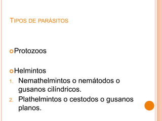 TIPOS DE PARÁSITOS

 Protozoos

 Helmintos
1.

2.

Nemathelmintos o nemátodos o
gusanos cilíndricos.
Plathelmintos o cestodos o gusanos
planos.

 
