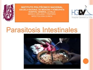 INSTITUTO POLITÉCNICO NACIONAL
ESCUELA NACIONAL DE MEDICINA Y HOMEOPATÍA
HOSPITAL GENERAL LA VILLA
MÉDICO CIRUJANO Y PARTERO
INFECTOLOGÍA CLÍNICA
Parasitosis Intestinales
 