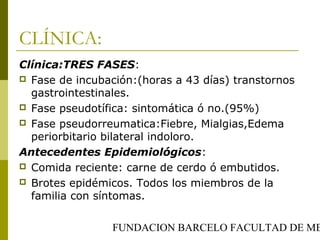 FUNDACION BARCELO FACULTAD DE ME
CLÍNICA:
Clínica:TRES FASES:
 Fase de incubación:(horas a 43 días) transtornos
gastrointestinales.
 Fase pseudotífica: sintomática ó no.(95%)
 Fase pseudorreumatica:Fiebre, Mialgias,Edema
periorbitario bilateral indoloro.
Antecedentes Epidemiológicos:
 Comida reciente: carne de cerdo ó embutidos.
 Brotes epidémicos. Todos los miembros de la
familia con síntomas.
 