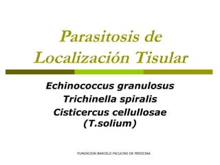 FUNDACION BARCELO FACULTAD DE MEDICINA
Parasitosis de
Localización Tisular
Echinococcus granulosus
Trichinella spiralis
Cisticercus cellullosae
(T.solium)
 