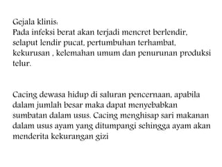 Gejala klinis: 
Pada infeksi berat akan terjadi mencret berlendir, 
selaput lendir pucat, pertumbuhan terhambat, 
kekurusan , kelemahan umum dan penurunan produksi 
telur. 
Cacing dewasa hidup di saluran pencernaan, apabila 
dalam jumlah besar maka dapat menyebabkan 
sumbatan dalam usus. Cacing menghisap sari makanan 
dalam usus ayam yang ditumpangi sehingga ayam akan 
menderita kekurangan gizi 
 