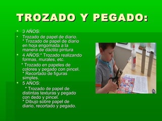 TROZADO Y PEGADO:
3 AÑOS:
Trozado de papel de diario.
* Trozado de papel de diario
en hoja engomada a la
manera de dáctilo pintura
 4 AÑOS:* Trozado realizando
formas, murales, etc.
* Trozado en papeles de
colores y pegado con pincel.
* Recortado de figuras
simples.
 5 AÑOS:
* Trozado de papel de
distintas texturas y pegado
con dedo y pincel.
* Dibujo sobre papel de
diario, recortado y pegado.

•

 