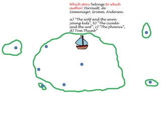 Which story belongs to which
author: Perrault, de
Samaniego, Grimm, Andersen.
a) “The wolf and the seven
young kids”, b) “The cicada
and the ant”, c) “The phoenix”,
d) Tom Thumb”
 