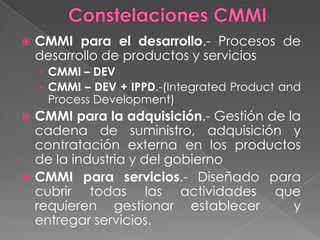 Constelaciones CMMICMMI para el desarrollo.- Procesos de desarrollo de productos y serviciosCMMI – DEVCMMI – DEV + IPPD.-(Integrated Product and Process Development)CMMI para la adquisición.- Gestión de la cadena de suministro, adquisición y contratación externa en los productos de la industria y del gobiernoCMMI para servicios.- Diseñado para cubrir todas las actividades que requieren gestionar establecer  y entregar servicios. 