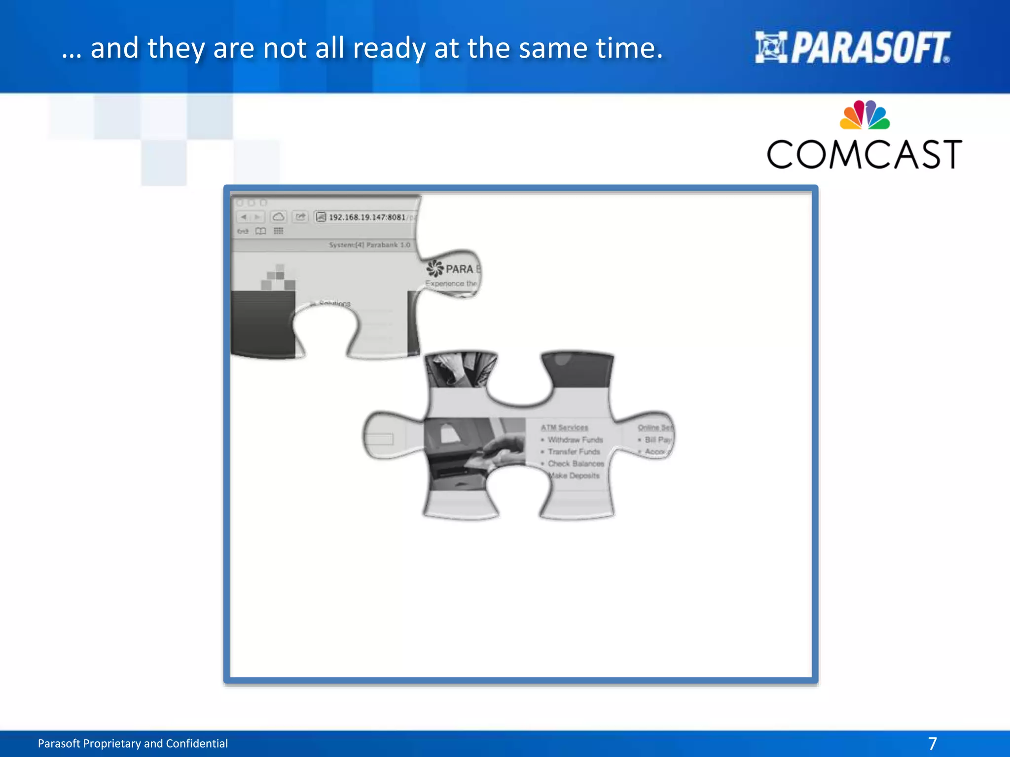 … and they are not all ready at the same time. 
Parasoft Proprietary and Confidential 7 
 