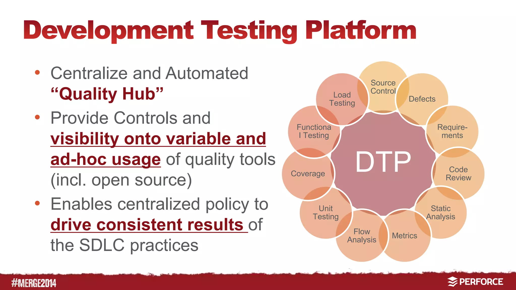 # 
• Centralize and Automated 
“Quality Hub” 
• Provide Controls and 
visibility onto variable and 
ad-hoc usage of quality tools 
(incl. open source) 
• Enables centralized policy to 
drive consistent results of 
the SDLC practices 
Source 
Control 
Defects 
Load 
Testing 
DTP 
Require-ments 
Code 
Review 
Static 
Analysis 
Metrics 
Flow 
Analysis 
Functiona 
l Testing 
Coverage 
Unit 
Testing 
 