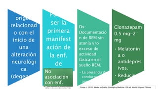 Tiene un
origen
relacionad
o con el
inicio de
una
alteración
neurológi
ca
(degenera
tiva)
Puede
ser la
primera
manifest
ación de
la enf.
de
Parkinso
n.
Dx:
Documentació
n de REM sin
atonía y/o
exceso de
actividad
fásica en el
sueño REM.
• La presencia de
conducta
anormal
observada
Clonazepam
0.5 mg-2
mg
• Melatonin
a o
antidepres
ivos.
• Reducir
sueño
No
asociación
con enf.
Pareja, J. (2018). Master en Sueño: Fisiología y Medicina. 12th ed. Madrid: Viguera Editores
 