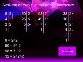 Ανάλυση σε γινόμενο πρώτων παραγόντων 8  2 50  2 98  2 32  2 4  2 25  5 49  7 16  2 2  2   5  5   7  7   8  2 1   1    1    4  2       2  2 8 = 2 2  2    1 50 = 5 2    2    98 = 7 2    2      32 = 2 2  2 2  2 Επιστροφή 