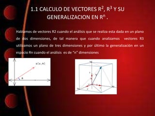 1.1 CALCULO DE VECTORES R2, R3 Y SU
              GENERALIZACION EN Rn .

Hablamos de vectores R2 cuando el análisis que s...