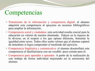 Competencias 
 Tratamiento de la información y competencia digital: el alumno 
adquirirá esta competencia al apoyarse en recursos bibliográficos 
para ampliar la información. 
 Competencia social y ciudadana: esta actividad resulta crucial para la 
educación en valores de nuestro alumnado. Educar en la riqueza de 
lo diverso, en el respeto a los que opinan diferente, fomentar la 
igualdad entre sexos. Todos ellos serán valores que el alumno captará 
de inmediato si logra comprender el trasfondo del ejercicio. 
 Competencia lingüística y comunicativa: el alumno desarrollará esta 
competencia al familiarizarse con un vocablo poco común para él. 
 Competencia para aprender a aprender: A partir de la realización de 
este trabajo de forma individual mejorando así la autonomía del 
alumno. 
 