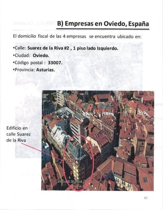 B) Empresas en Oviedo, España
El domicilio fiscal de las 4 empresas se encuentra ubicado en:
.Calle: Suarez de !a Riva #2 ...