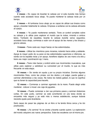 2 meses - Es capaz de levantar la cabeza por sí sola durante más tiempo
cuando está acostado boca abajo. Ya puede mantener la cabeza recta por un
tiempo.
3 meses – Al tumbarse boca abajo ya es capaz de utilizar sus brazos como
apoyo y levantar totalmente la cabeza. Empieza a sentarse con la cabeza alineada
al cuerpo.
4 meses – Ya puede mantenerse sentado. Tiene un control completo sobre
su cabeza y lo utiliza para explorar el mundo que le rodea, mirando a ambos
lados. Tumbado de espaldas, levanta la cabeza durante varios segundos;
acostado boca abajo, comienza a subir con el apoyo de las manos y los brazos y
gira la cabeza.
5 meses - Tiene cada vez mayor fuerza en las extremidades.
6 meses - Utiliza los miembros para moverse, rodando hacia atrás y adelante.
Apoya la mayor parte de su peso en las extremidades superiores e inferiores, se
sienta con la espalda recta y sin apoyo, transfiere objetos de una mano a la otra y
tiene una mejor coordinación ojo / mano.
8 meses - Tiene más fuerza y control sobre sus movimientos musculares, que
utiliza para explorar y satisfacer su curiosidad por el mundo, lo que es más
frecuente en esta etapa.
10 meses – Se sienta sin ayuda y por su propia iniciativa. Domina algunos
movimientos finos, como las pinzas con los dedos y el pulgar, puede gatear y
caminar aferrándose a las cosas. No todos los bebés gatean, lo que no significa
que no tienen la capacidad para hacerlo.
12 meses – Comienza a caminar agarrado de la mano. Puede elegir entre
mantener, colocar o mover una caja de juguetes.
14 meses - Puede comenzar a dar sus primeros pasos y caminar distancias
cortas. En este punto, caminar se está convirtiendo en una tarea donde se
encuentra más seguro y ya está más o menos establecido, aunque todavía
necesita ayuda para levantarse.
Será capaz de pasar las páginas de un libro si ha tenido libros cerca y ha ido
practicando.
16 meses - ¡Ya camina! Ya se sienta y levanta cuando quiere. La exploración
del mundo adquiere una nueva perspectiva. Sube las escaleras con el mismo pie.
 