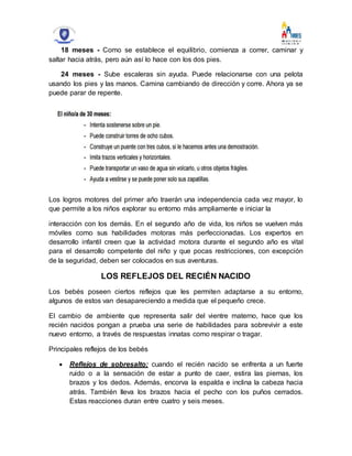 18 meses - Como se establece el equilibrio, comienza a correr, caminar y
saltar hacia atrás, pero aún así lo hace con los dos pies.
24 meses - Sube escaleras sin ayuda. Puede relacionarse con una pelota
usando los pies y las manos. Camina cambiando de dirección y corre. Ahora ya se
puede parar de repente.
Los logros motores del primer año traerán una independencia cada vez mayor, lo
que permite a los niños explorar su entorno más ampliamente e iniciar la
interacción con los demás. En el segundo año de vida, los niños se vuelven más
móviles como sus habilidades motoras más perfeccionadas. Los expertos en
desarrollo infantil creen que la actividad motora durante el segundo año es vital
para el desarrollo competente del niño y que pocas restricciones, con excepción
de la seguridad, deben ser colocados en sus aventuras.
LOS REFLEJOS DEL RECIÉN NACIDO
Los bebés poseen ciertos reflejos que les permiten adaptarse a su entorno,
algunos de estos van desapareciendo a medida que el pequeño crece.
El cambio de ambiente que representa salir del vientre materno, hace que los
recién nacidos pongan a prueba una serie de habilidades para sobrevivir a este
nuevo entorno, a través de respuestas innatas como respirar o tragar.
Principales reflejos de los bebés
 Reflejos de sobresalto: cuando el recién nacido se enfrenta a un fuerte
ruido o a la sensación de estar a punto de caer, estira las piernas, los
brazos y los dedos. Además, encorva la espalda e inclina la cabeza hacia
atrás. También lleva los brazos hacia el pecho con los puños cerrados.
Estas reacciones duran entre cuatro y seis meses.
 