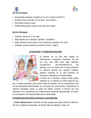 De 18 a 24 meses
 Comprende preguntas sencillas de "sí-no" ("¿tienes hambre?").
 Entiende frases sencillas ("en la taza", "en la mesa").
 Se divierte cuando le leen.
 Señala ilustraciones cuando se le pide que lo haga.
De 24 a 36 meses
 Entiende "ahora no" y "no más".
 Elige objetos por su tamaño ("grande", "pequeño").
 Sigue órdenes de dos pasos, como "agarra tus zapatos y ven aquí".
 Entiende muchas palabras de acción ("correr", "saltar").
ATENCIÓN Y CONCENTRACIÓN
El entorno de un niño está repleto de
informaciones, novedades y estímulos. Tal vez,
por eso, sea difícil para ellos mantener
una atención y una concentración en los
estudios y en sus tareas de un modo particular.
La atención general que requiere cualquier
aspecto novedoso en su vida presenta, en
ocasiones, dificultades en el aprendizaje.
A través de la atención, nuestra mente puede
centrarse en un estímulo de entre todos los que
hay a nuestro alrededor para ignorar todos los demás. Con la concentración, una
de las habilidades fundamentales en el proceso de conocimiento, mantenemos la
atención focalizada sobre un punto de interés, durante el tiempo que sea
necesario. Sin concentración es prácticamente imposible aprender algo, por tanto,
la concentración es imprescindible para el aprendizaje.
Consejos para favorecer la atención y concentración
1. Evitar distracciones. Prescindir de todo aquello que pueda distraer la atención
del niño: problemas personales, de familia, falta de objetivos, ruidos, etc.
 