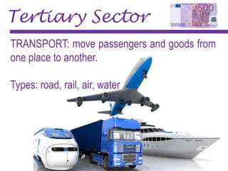 Tertiary Sector
TRANSPORT: move passengers and goods from
one place to another.
Types: road, rail, air, water
 