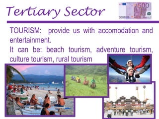 Tertiary Sector
TOURISM: provide us with accomodation and
entertainment.
It can be: beach tourism, adventure tourism,
culture tourism, rural tourism
 