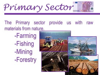 Primary Sector
The Primary sector provide us with raw
materials from nature.
-Farming
-Fishing
-Mining
-Forestry
 