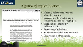 Algunos ejemplos buenos…
• Macro y micro parásitos en
lobos de Polonia
• Recolección de plastas según
comportamiento de los grupos
• Técnicas de flotación y
sedimentación
• Protozoos y helmintos
• Situación especial para cestodos
• Diversidad y abundancia
(Benavides, 2015)
 