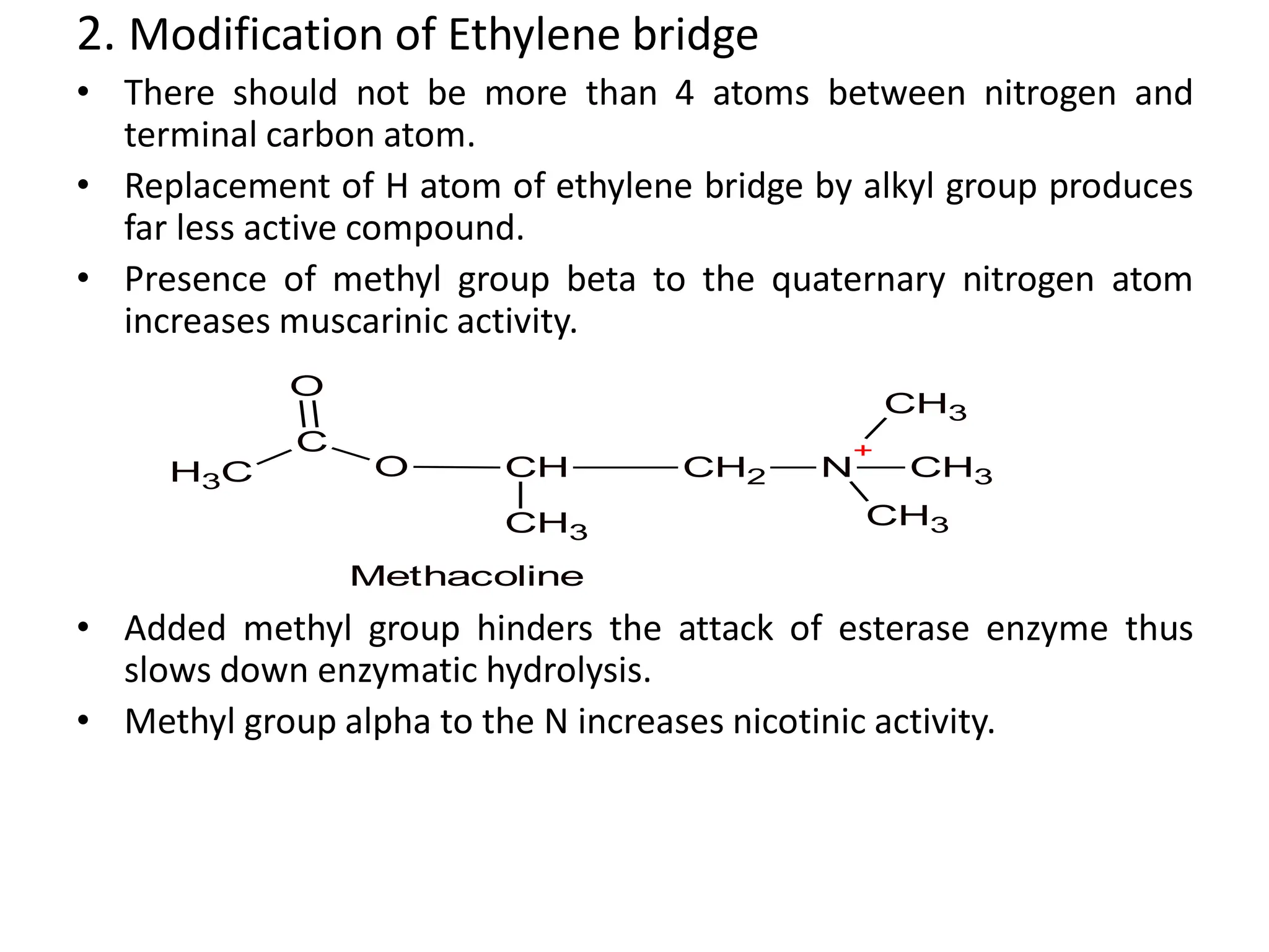 2. Modification of Ethylene bridge
• There should not be more than 4 atoms between nitrogen and
terminal carbon atom.
• Replacement of H atom of ethylene bridge by alkyl group produces
far less active compound.
• Presence of methyl group beta to the quaternary nitrogen atom
increases muscarinic activity.
• Added methyl group hinders the attack of esterase enzyme thus
slows down enzymatic hydrolysis.
• Methyl group alpha to the N increases nicotinic activity.
C
H3
C
O
O
CH CH2 N
+
CH3
CH3
CH3
CH3
Methacoline
 