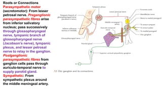 Roots or Connections
Parasympathetic motor
(secretomotor): From lesser
petrosal nerve. Preganglionic
parasympathetic fibres arise
from inferior salivatory
nucleus; pass successively
through glossopharyngeal
nerve, tympanic branch of
glossopharyngeal nerve
(Jacobson’s nerve), tympanic
plexus, and lesser petrosal
nerve to relay in the ganglion.
Postganglionic
parasympathetic fibres from
ganglion cells pass through
auriculo-temporal nerve to
supply parotid gland.
Sympathetic: From
sympathetic plexus around
the middle meningeal artery.
 