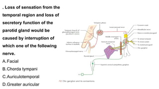 . Loss of sensation from the
temporal region and loss of
secretory function of the
parotid gland would be
caused by interruption of
which one of the following
nerve.
A.Facial
B.Chorda tympani
C.Auriculotemporal
D.Greater auricular
 