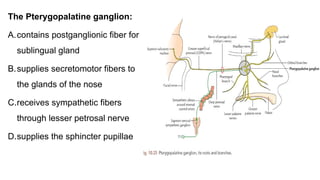 The Pterygopalatine ganglion:
A.contains postganglionic fiber for
sublingual gland
B.supplies secretomotor fibers to
the glands of the nose
C.receives sympathetic fibers
through lesser petrosal nerve
D.supplies the sphincter pupillae
 