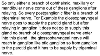 So only either a branch of ophthalmic, maxillary or
mandibular nerve come out of these ganglions after
relaying. So every postganglionic fiber is a branch of
trigeminal nerve. For Example the glossopharyngeal
nerve goes to supply the parotid gland but after
relaying in ganglion it does not go to supply this
gland no branch of glossopharyngeal nerve enter
into this gland , the glossopharyngeal nerve will
reach in ganglion like otic ganglion so from ganglion
to the parotid gland it has to be supply by trigeminal
nerve.
 