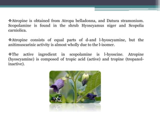 Atropine is obtained from Atropa belladonna, and Datura stramonium.
Scopolamine is found in the shrub Hyoscyamus niger and Scopolia
carniolica.
Atropine consists of equal parts of d-and l-hyoscyamine, but the
anitimuscarinic activity is almost wholly due to the l-isomer.
The active ingredient in scopolamine is l-hyoscine. Atropine
(hyoscyamine) is composed of tropic acid (active) and tropine (tropanol-
inactive).
 