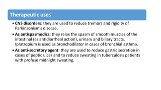 Therapeutic uses
• CNS disorders: they are used to reduce tremors and rigidity of
Parkinsonism’s disease.
• As antispasmodics: they relax the spasm of smooth muscles of the
intestinal (as antidiarrheal action), urinary and biliary tracts.
Ipratropium is used as bronchodilator in cases of bronchial asthma.
• As anti-secretory agent: they are used to reduce gastric secretion in
cases of peptic ulcer and to reduce sweating in tuberculosis patients
with profuse midnight sweating.
 