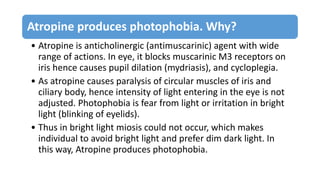 Atropine produces photophobia. Why?
• Atropine is anticholinergic (antimuscarinic) agent with wide
range of actions. In eye, it blocks muscarinic M3 receptors on
iris hence causes pupil dilation (mydriasis), and cycloplegia.
• As atropine causes paralysis of circular muscles of iris and
ciliary body, hence intensity of light entering in the eye is not
adjusted. Photophobia is fear from light or irritation in bright
light (blinking of eyelids).
• Thus in bright light miosis could not occur, which makes
individual to avoid bright light and prefer dim dark light. In
this way, Atropine produces photophobia.
 