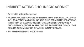 INDIRECT ACTING CHOLINRGIC AGONIST
• Reversible anticholinesterase
• ACETYLCHOLINESTERASE IS AN ENZYME THAT SPECIFICALLY CLEAVES
ACH TO ACETATE AND CHOLINE AND THUS TERMINATES ITS ACTIONS.
INHIBITION OF ACETYLCHOLINESTERASE INDIRECTLY PROVIDE A
CHOLINERGIC ACTIONS BY PROLONGING THE LIFETIME OF ACH. THIS
RESULTS ACCUMULATION OF ACH IN SYNAPTIC SPACE.
• EG- PHYSOSTIGMINE, NEOSTIGMIN
 