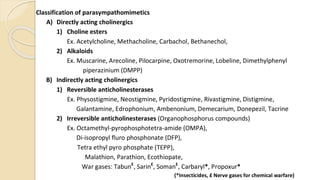 Classification of parasympathomimetics
A) Directly acting cholinergics
1) Choline esters
Ex. Acetylcholine, Methacholine, Carbachol, Bethanechol,
2) Alkaloids
Ex. Muscarine, Arecoline, Pilocarpine, Oxotremorine, Lobeline, Dimethylphenyl
piperazinium (DMPP)
B) Indirectly acting cholinergics
1) Reversible anticholinesterases
Ex. Physostigmine, Neostigmine, Pyridostigmine, Rivastigmine, Distigmine,
Galantamine, Edrophonium, Ambenonium, Demecarium, Donepezil, Tacrine
2) Irreversible anticholinesterases (Organophosphorus compounds)
Ex. Octamethyl-pyrophosphotetra-amide (OMPA),
Di-isopropyl fluro phosphonate (DFP),
Tetra ethyl pyro phosphate (TEPP),
Malathion, Parathion, Ecothiopate,
War gases: Tabun£
, Sarin£
, Soman£
, Carbaryl*, Propoxur*
(*Insecticides, £ Nerve gases for chemical warfare)
 