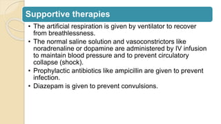 Supportive therapies
• The artificial respiration is given by ventilator to recover
from breathlessness.
• The normal saline solution and vasoconstrictors like
noradrenaline or dopamine are administered by IV infusion
to maintain blood pressure and to prevent circulatory
collapse (shock).
• Prophylactic antibiotics like ampicillin are given to prevent
infection.
• Diazepam is given to prevent convulsions.
 