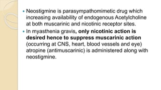  Neostigmine is parasympathomimetic drug which
increasing availability of endogenous Acetylcholine
at both muscarinic and nicotinic receptor sites.
 In myasthenia gravis, only nicotinic action is
desired hence to suppress muscarinic action
(occurring at CNS, heart, blood vessels and eye)
atropine (antimuscarinic) is administered along with
neostigmine.
 